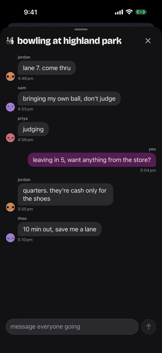 a ping's chat: lane 7 come thru, bringing my own ball, 10 min out save me a lane
